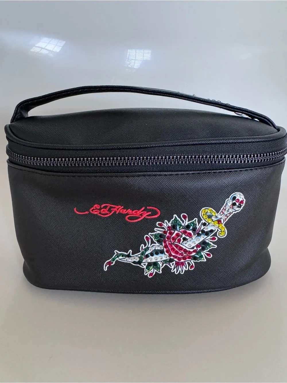 NWOT Ed Hardy Rhinestone Rose Dagger Cosmetic Travel Makeup Case Y2K Black Rock